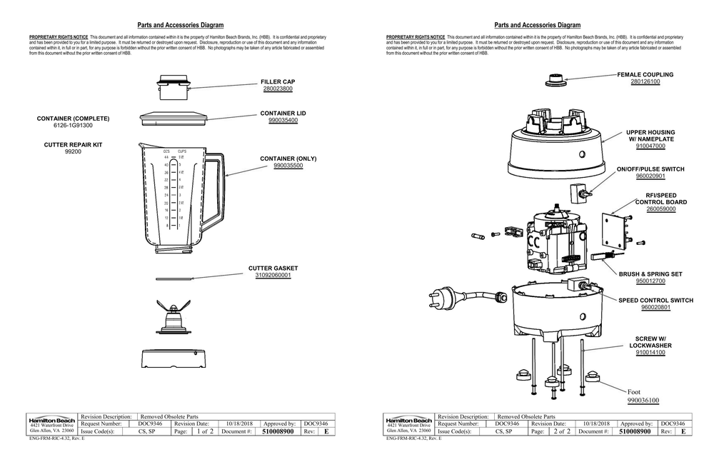 Diagram Diagram and Parts List for 1G91300  Hamilton Beach Blender